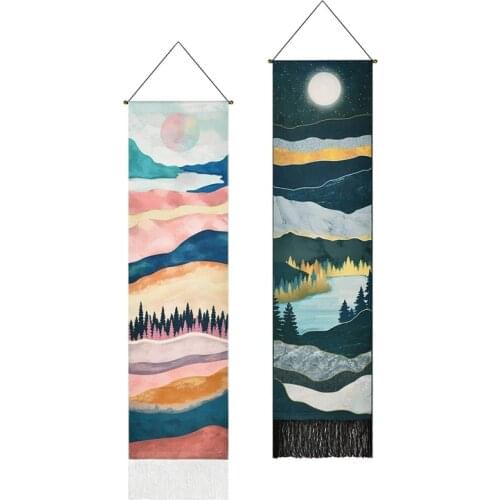 Hot XD-2Set Narrow Tapestry Wall Hanging Long Landscape Painting Nature Landscape Tapestry for Home Bedroom Vertical Tapestry