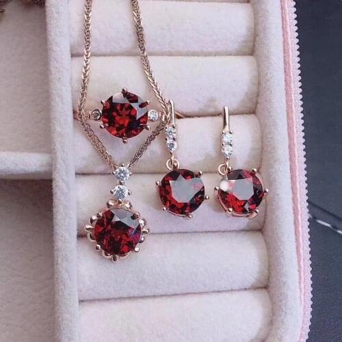 Natural Ruby Gemstone Set Ring Earrings Necklace for Women Wedding Party Gift 925 Sterling Silver Christmas Fine Jewelry Set