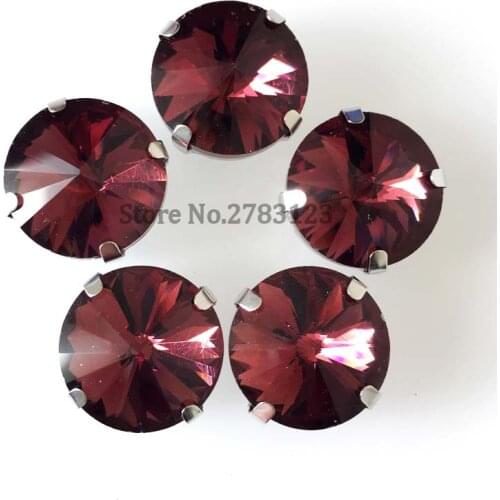 Free shipping round wine red High quality Glass Crystal flat back sew on loose Silver claw rhinstones with four holes 20pcs/bag