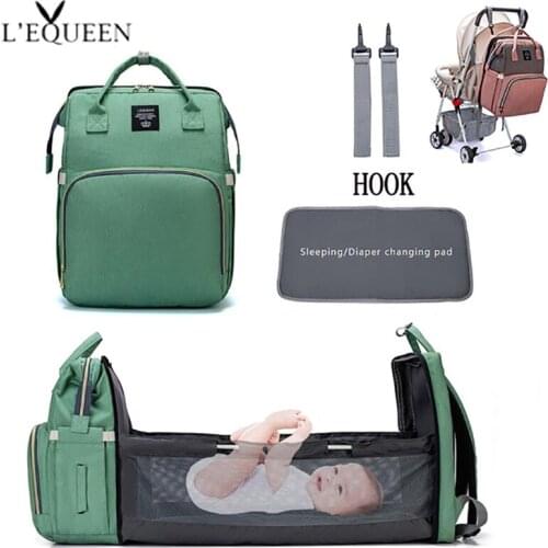 LEQUEEN Diaper Bag with Changing Pad Multifunction Foldable Crib Maternity Care Tote Bag Large Capacity Stroller Bag Free Hook