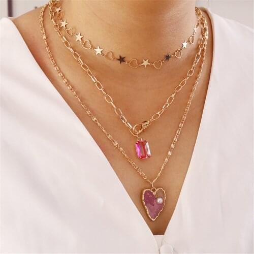 Multilevel Female Fashion 2021 Cute Five-pointed Star Necklaces For Women New Heart-shaped Rectangular Pendant Necklace Jewelry