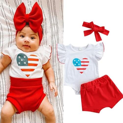 Independence Days Summer Cute Baby Girls Boys Clothes Sets Ruffles Short Sleeve Printed Romper Shorts headband