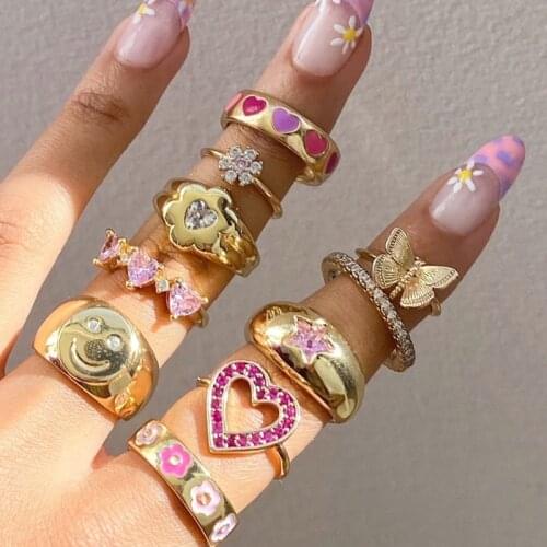 New INS Gilded Pink Crystal Heart Smiley Rings for Women 90s Style Vintage Cloud Star Flower Rings Charms Fashion Jewelry Gifts
