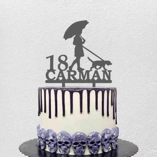 Personalized Name Age Girl Take a walk With Dog Cake Topper For Birthday Cake Decoration Topper