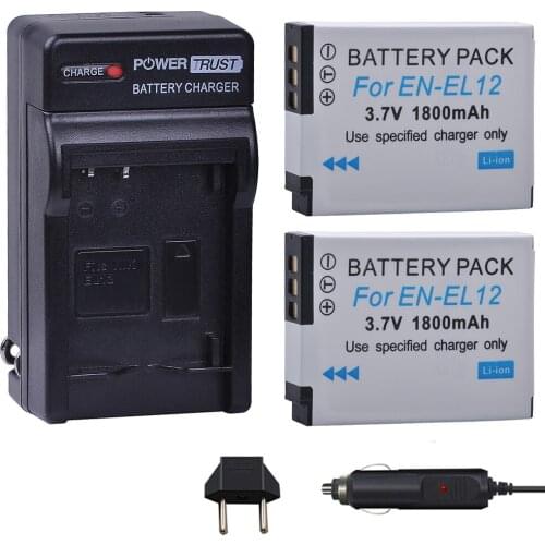 PowerTrust 2x 1800mAh EN-EL12 ENEL12 EN EL12 Camera Battery + Charger Kits for Nikon Coolpix S9900 S9700 AW120 S9500 AW110 S70