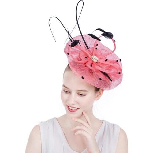 Korean Style Simple Bridal Wedding Headpiece Red Mesh Feather Beading Flower Hair Accessories Banquet Personal Photo Hairpin