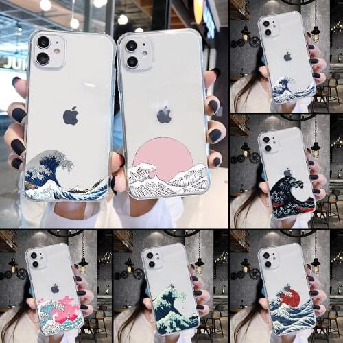 Wave Art japan aesthetic Phone Case Transparent For iphone 5 5s se 2 6 6s 7 8 12 mini plus X XS XR 11 PRO MAX transparent 3D