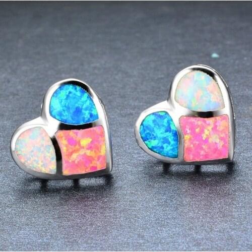 Fashion Women Heart Stud Earrings Romantic Blue/White Imitation Fire Opal Geometric Earrings For Women Female Charm Jewelry Gift