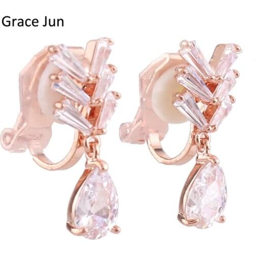 Korea Style Bridal Full Cubic Zirconia Water Drop Shape Clip on Earrings No Pierced for Girls Wedding Prom Charm Cute Ear Clip