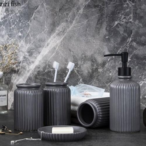 Vertical Lines Bathroom Accessories Set Portable Soap Dispenser Toothbrush Holder Ceramic Bath Supplies Shampoo Empty Bottle