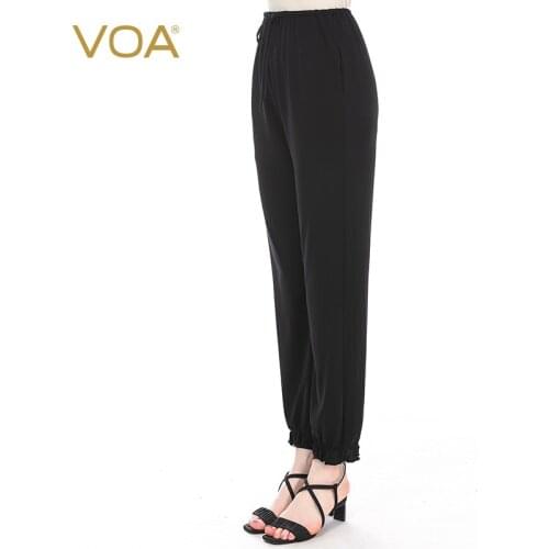 VOA Distressed Silk Double Knit Soft Waxy Summer Trousers Elastic Waist Yoga Fitness Running Casual Pants for Woman KE83