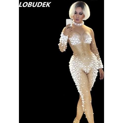 Occident Christmas party Bar Nightclub female Costume white 3D Effect crystals jumpsuit Sexy stage Jazz Pole dancing DJ Jumpsuit
