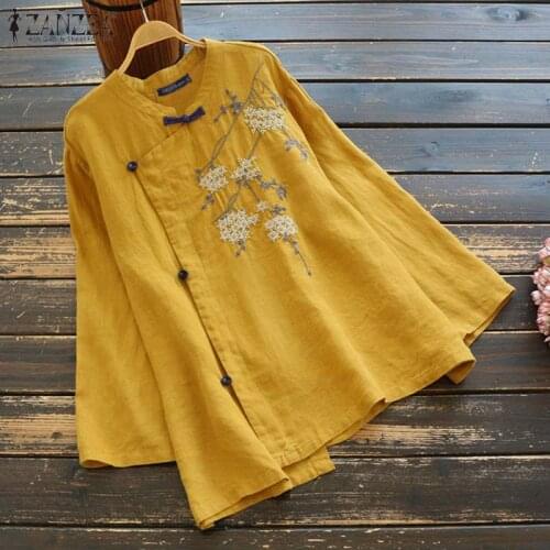 Womens Embroidery Blouse ZANZEA Elegant Spring Tops Casual Long Sleeve Blusas Female Floral Tunic Female Asymmetrical Tops