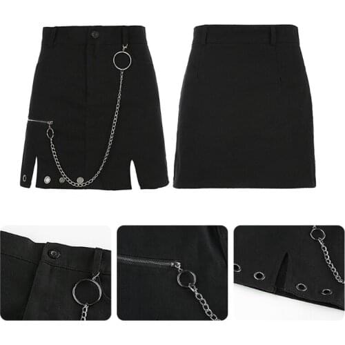 Women Gothic High Waist Metal Chain Patchwork Split Hem A-Line Black Mini Skirt A0NF