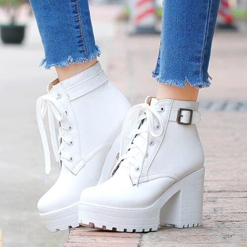 AIWEIYi Woman Martin Boots Black White Block High Heels Ankle Boots Lace Up Platform Shoes Keep Warm Winter Martin Boots