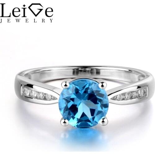 Leige Jewelry Round Cut Swiss Blue Topaz Ring for Women Sterling Silver 925 Wedding Engagement Rings Blue Gemstone Fine Jewlery