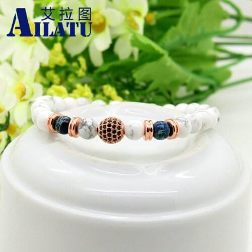 Ailatu Hot Sale 6mm White Howlite Marble Stone & Blue Sediment Beads 9mm Micro Paved Black Cz Beaded Mens Party Gift Bracelet