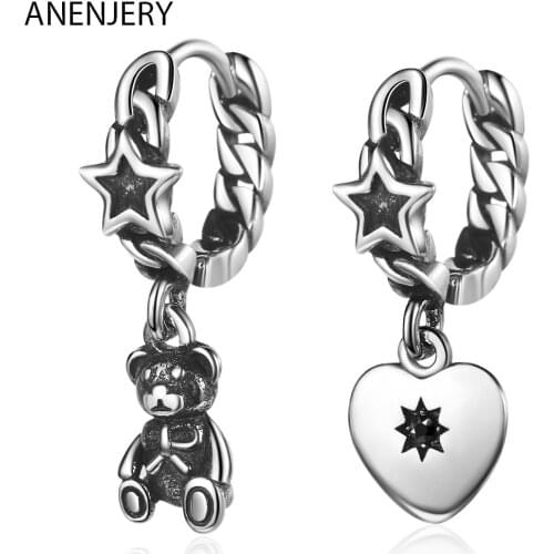925 Sterling Silver Bear Heart Long Tassel Asymmetric Hoop Earring Fashion Star Jewelry For Girl Birthday Gift Wholesale S-E1075