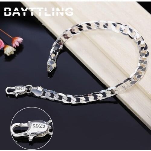 BAYTTLING New 925 Sterling Silver 8 Inch Silver 10MM Flat Side Chain Bracelet For Woman Man Fashion Wedding Jewelry Gift