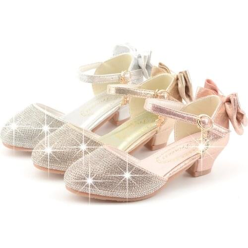 Girls Glitter Leather Shoes Summer Sandals for Children Big Kids 26-38 Bow-knot Princess Dress Shoes High Heels for Wedding Chic
