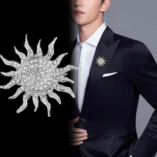New High-end Metal Sun Flower Brooch Pin Rhinestone Crystal Lapel Pins Mens Suit Shirt Corsage Badge Clothing Accessories