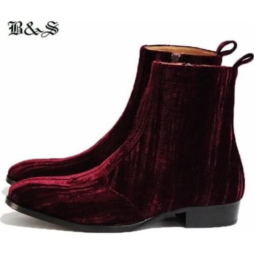 Black& Street Wine Red Velvet Wedge Pionted Toe Noble Men dress Chelsea Boots