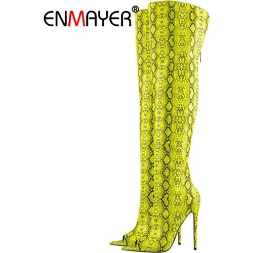 ENMAYER Sexy Summer Women Boots PU Over-the-Knee Basic Zip Peep Toe Thigh High Boots Thin Heels Animal Prints Shoes Woman