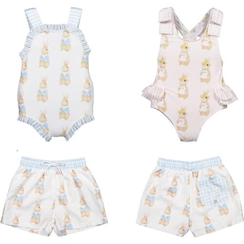 Children Summer Swimwear Girls Swimsuit Boys Pant Kids Lovely Trunks Hawaii Clothes Bikini Beach Shorts Sister Brother Matching