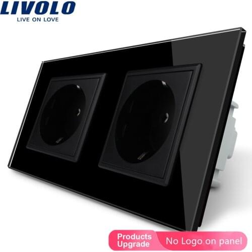 Livolo Manufacturer, Livolo EU Standard Wall Power Socket, Black Crystal Glass Panel, AC110~250V 16A Wall Outlet VL-C7C2EU-12