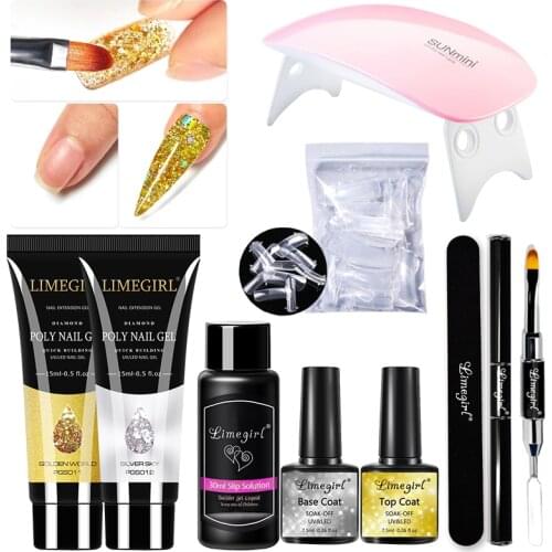 Limegirl Manicure Set for Poly Nail Gel Extension Kit Builder Gel Brush Soak off Quick Building Finger Nail Art Clear Camoufla