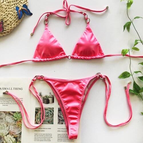 Micro Bikini 2021 Sexy Solid Orange Hot Pink Thong Swimsuit Separate Push-Up Padded Brazilian Swimwear Tassel Bathing Biquini