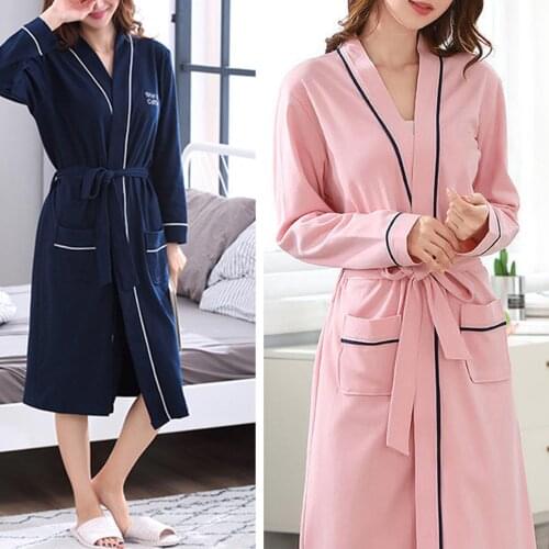 Fashion Women Soft Long Sleeve Solid Color Pockets Bath Robe Home Gown Homewear Sleepwear