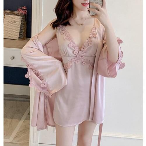 Wholesale Night Sleep Dress Women Underwear Lingerie Sling Lace Embroidery V-Neck Sexy Nightdress Silk Nightgown Cross Strap Hal
