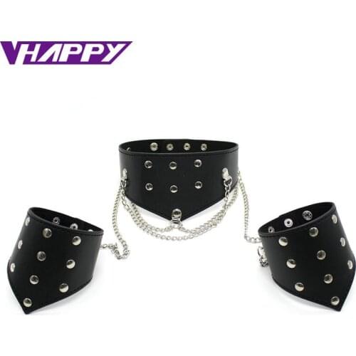 Adult Sex Toys Tease Bondage Restraint Fetish PU Leather Wrist Handcuffs Bracelets Neck Collar Chain For Couples VP-CR003023A-2