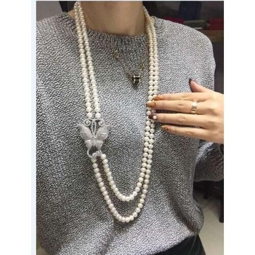 Sterling silver cherry necklace double strands 8-9mm round south sea white pearl necklace 22-24inch