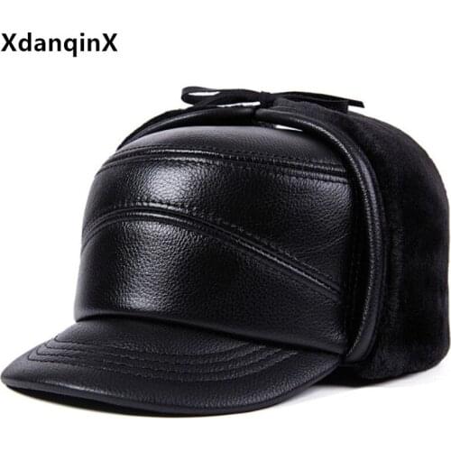 XdanqinX natural genuine leather cap winter mens baseball caps warm earmuffs hat cowhide hat middle-aged elderly winter hats