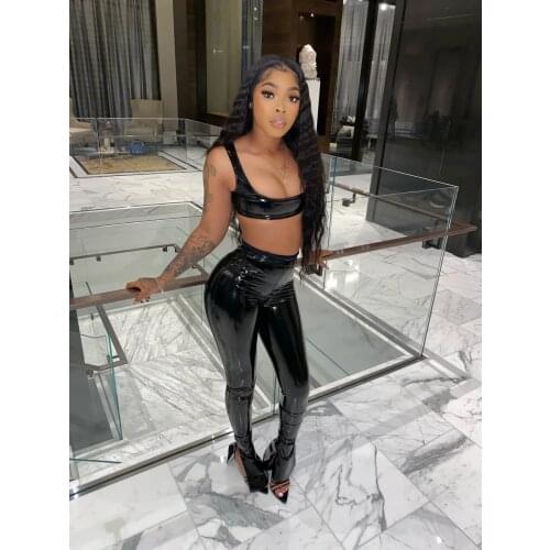 Imcute PU Faux Leather Sexy 2 Piece Club Outfits Women Sets Low Neck Sleeveless Crop Tank Top and Flare Bell Bottom Pant Suits
