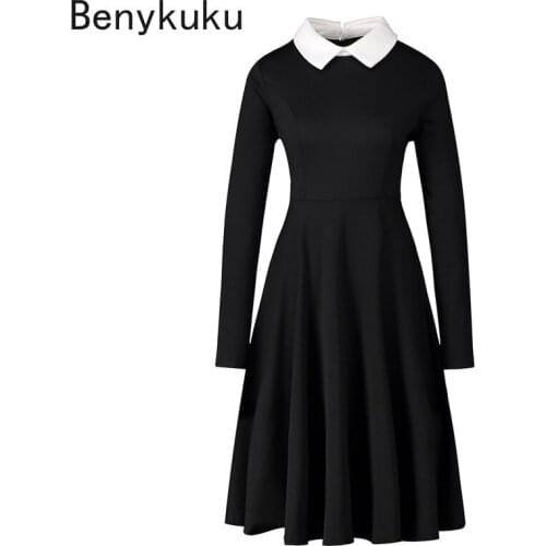 Autumn Winter Plus Size Women Dress 5XL Elegant Office Lady A-Line Dress Womens Peter Pan Collar Long Sleeve Black Vintage Dress