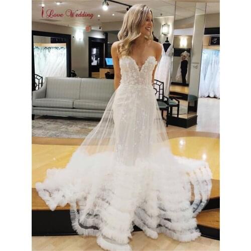 Vestidos De Novia 3D Floral Applique Pattern Sweetheart Mesh Tulle Pleated Teried Sheer Bridal Wedding Dress Bohemia Women 2021