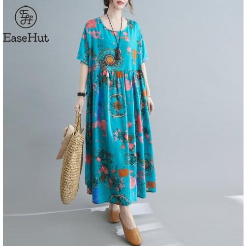 Women Vintage Dress Floral Print Pockets Mid-Calf Loose O-Neck Short Sleeves Dress Plus Size Casual Elegant Lady Summer Dress