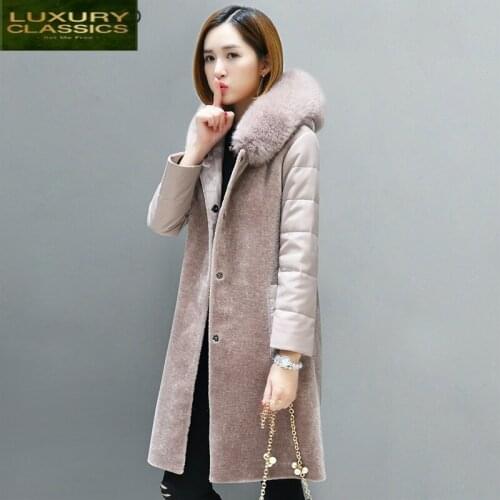 2021 Women Natural Clothes Wool Overcoat Sheep Shearing Coats Female Sheepskin Leather Sleeve Parka Real Fox Fur LWL1389