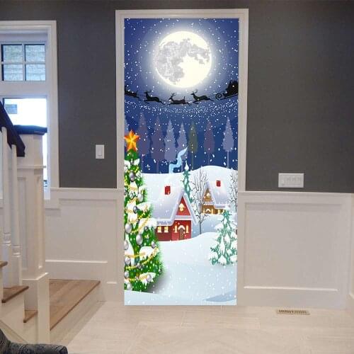 3D Creative Christmas Cartoon Door Stickers Living Room Wall Stickers Self-Adhesive Waterproof Removable Mural for Door Decor