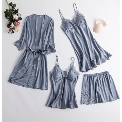 4PCS Women Lace Floral Kimono Robe Pyjamas Sets Summer Lingerie Home Dress Sexy Nightgown Rayon Bride Pajamas Suit Sleepwear