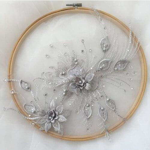 6 Colors New Faux Pearl Beaded 3D Lace Flower Appliques In Gray/Pale Pink/Tender Pink/Gold/Wine Red/Red