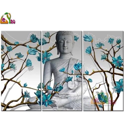 5D Diy Diamond Painting 3Pcs Buddha With Abstract Blue Flowers Painting By Numbers Cross Stitch Full Square Round Home Decor
