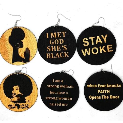 Free Shipping!Newest Engraved Black Woman Wooden Earrings