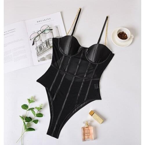 Black Mesh Transparent Lace Bodysuit Women Metal Chain Straps Sexy Bodysuit Bralette Ladies Bodycon Bodysuit Summer Jumpsuit