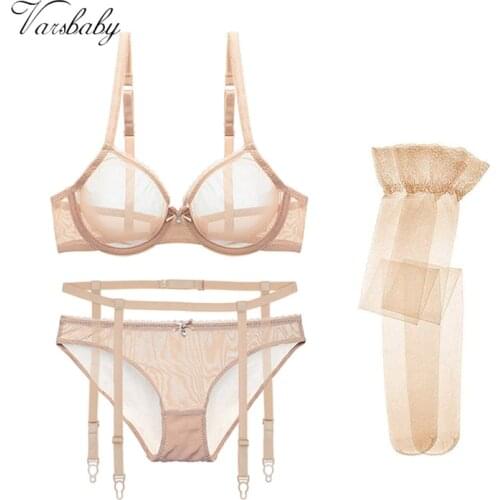 Varsbaby sexy see-through yarn unlined underwire bra set bras+garters+panties+stockings 4 pcs for ladies