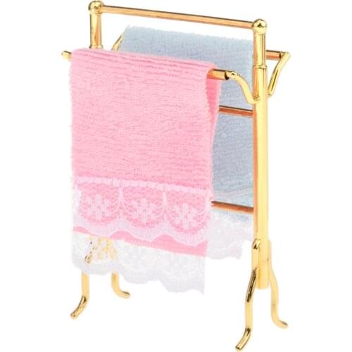 1:12 Dollhouse Miniature Golden Towel Rack and 2 Towels Bathroom Furniture