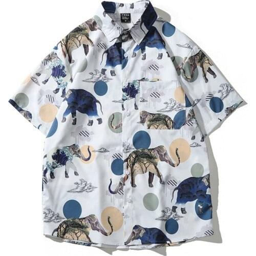 Men Shirt Short Sleeve 2021 New Summer Loose Pocket Cartoons Elephant Fashion Male Shirt Thin Chinese Style Hot Sale S97